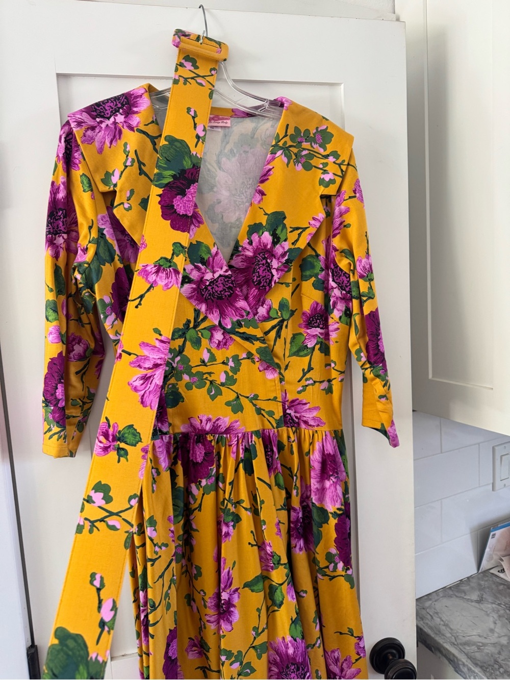 Pinup Couture Mustard Midi Dress with Purple Floral Print - Picture 5 of 8